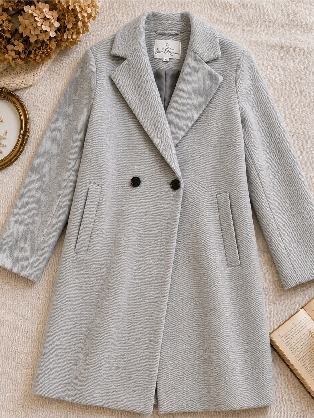 Sam Edelman Gray Herringbone Walking Coat XL Double Breasted Long Coat NWOT